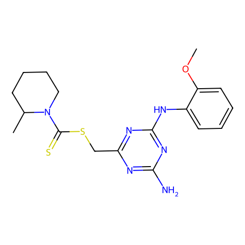 (4-amino-6-((2-methoxyphenyl)amino)-1,3,5-triazin-2-yl)methyl 2-methylpiperidine-1-carbodithioate structure