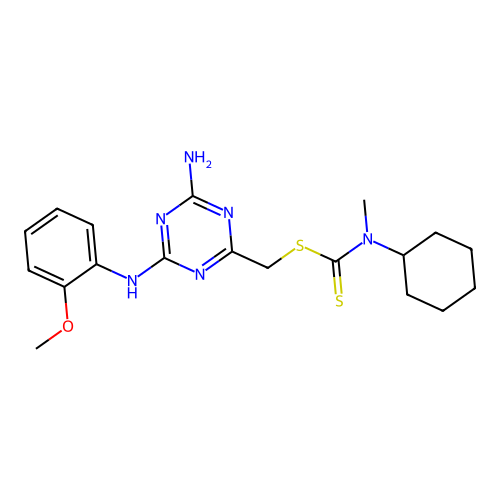 ({4-amino-6-[(2-methoxyphenyl)amino](1,3,5-triazin-2-yl)}methylthio)(cyclohexy lmethylamino)methane-1-thione structure