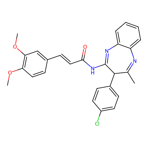 (2E)-N-[3-(4-chlorophenyl)-4-methyl-3H-1,5-benzodiazepin-2-yl]-3-(3,4-dimethoxyphenyl)prop-2-enamide structure