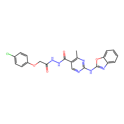 2-(1,3-benzoxazol-2-ylamino)-N'-[2-(4-chlorophenoxy)acetyl]-4-methylpyrimidine-5-carbohydrazide structure