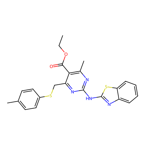 ethyl 2-(1,3-benzothiazol-2-ylamino)-4-methyl-6-[(4-methylphenyl)sulfanylmethyl]pyrimidine-5-carboxylate structure