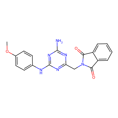 2-((4-amino-6-((4-methoxyphenyl)amino)-1,3,5-triazin-2-yl)methyl)isoindoline-1,3-dione structure