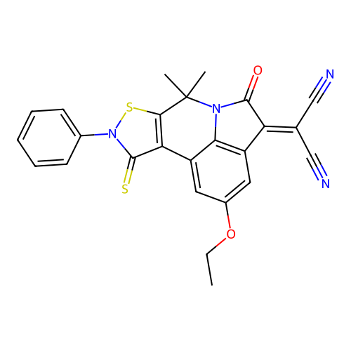 (2-ethoxy-7,7-dimethyl-5-oxo-9-phenyl-10-thioxo-9,10-dihydro-7H-pyrrolo[3,2,1-ij][1,2]thiazolo[5,4-c]quinolin-4(5H)-ylidene)propanedinitrile structure