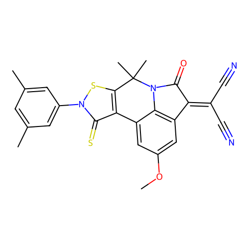 [9-(3,5-dimethylphenyl)-2-methoxy-7,7-dimethyl-5-oxo-10-thioxo-9,10-dihydro-7H-isothiazolo[5,4-c]pyrrolo[3,2,1-ij]quinolin-4(5H)-ylidene]malononitrile structure