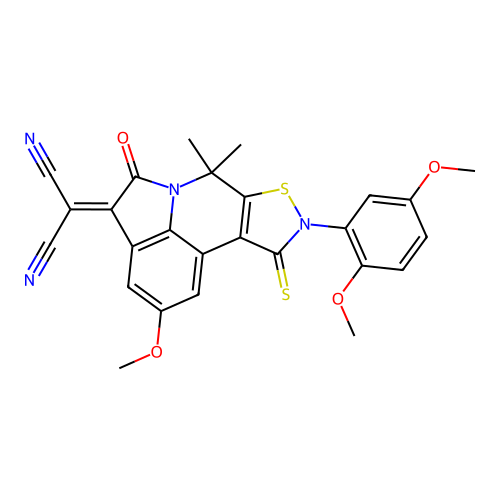 [9-(2,5-dimethoxyphenyl)-2-methoxy-7,7-dimethyl-5-oxo-10-thioxo-9,10-dihydro-7H-isothiazolo[5,4-c]pyrrolo[3,2,1-ij]quinolin-4(5H)-ylidene]malononitrile structure