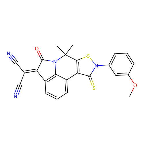 [9-(3-methoxyphenyl)-7,7-dimethyl-5-oxo-10-thioxo-9,10-dihydro-7H-isothiazolo[5,4-c]pyrrolo[3,2,1-ij]quinolin-4(5H)-ylidene]malononitrile structure