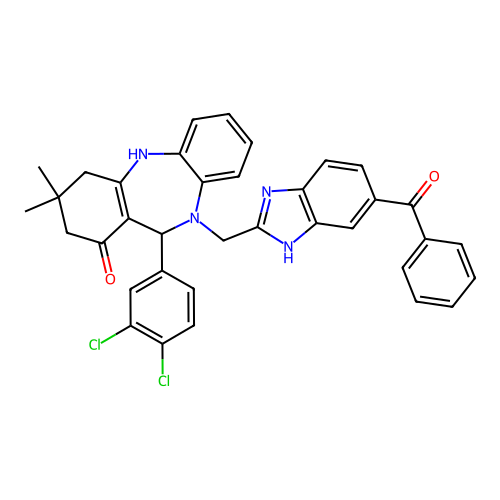 11-(3,4-dichlorophenyl)-3,3-dimethyl-10-{[5-(phenylcarbonyl)-1H-benzimidazol-2-yl]methyl}-2,3,4,5,10,11-hexahydro-1H-dibenzo[b,e][1,4]diazepin-1-one structure