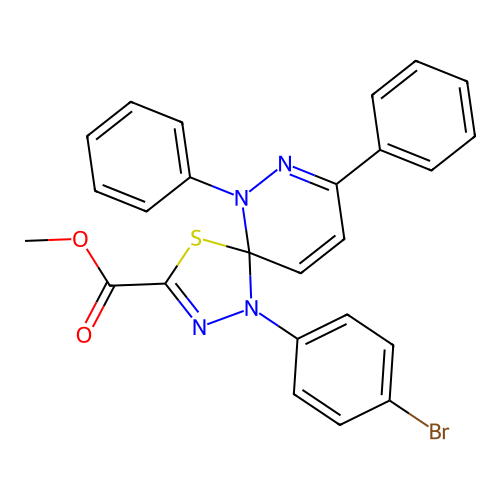 methyl 1-(4-bromophenyl)-6,8-diphenyl-4-thia-1,2,6,7-tetraazaspiro[4.5]deca-2,7,9-triene-3-carboxylate structure