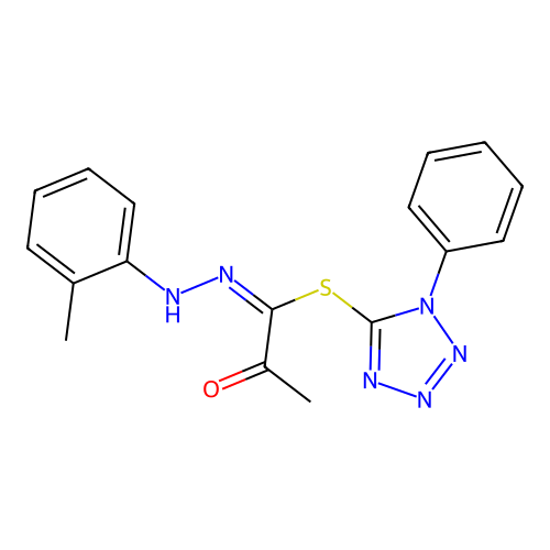 1-phenyl-1H-tetrazol-5-yl (1E)-N-(2-methylphenyl)-2-oxopropanehydrazonothioate structure
