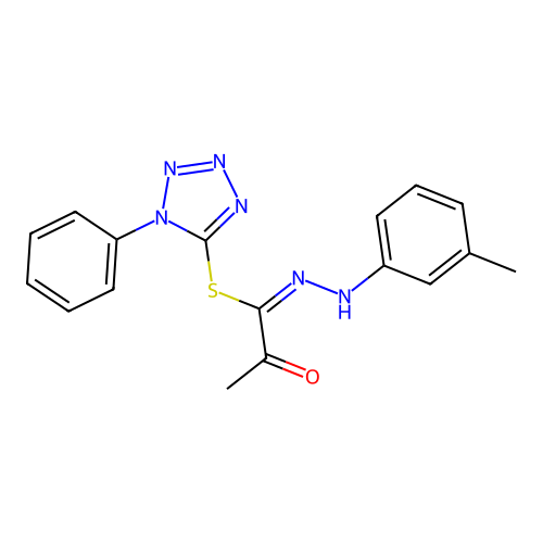1-phenyl-1H-tetrazol-5-yl (1E)-N-(3-methylphenyl)-2-oxopropanehydrazonothioate structure