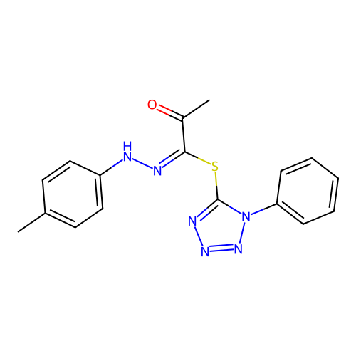 1-phenyl-1H-tetrazol-5-yl (1E)-N-(4-methylphenyl)-2-oxopropanehydrazonothioate structure