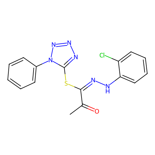 1-phenyl-1H-tetrazol-5-yl (1E)-N-(2-chlorophenyl)-2-oxopropanehydrazonothioate structure