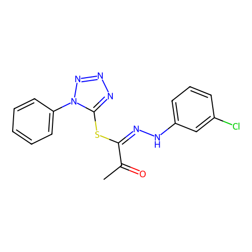 1-phenyl-1H-tetrazol-5-yl (1E)-N-(3-chlorophenyl)-2-oxopropanehydrazonothioate structure