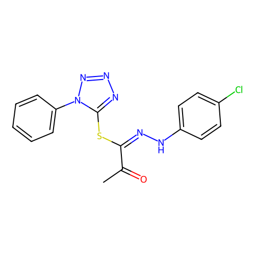 1-phenyl-1H-tetrazol-5-yl (1E)-N-(4-chlorophenyl)-2-oxopropanehydrazonothioate structure