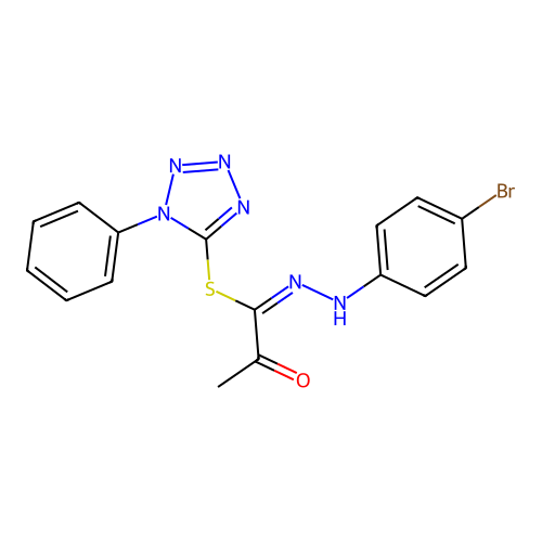 1-phenyl-1H-tetrazol-5-yl (1E)-N-(4-bromophenyl)-2-oxopropanehydrazonothioate structure