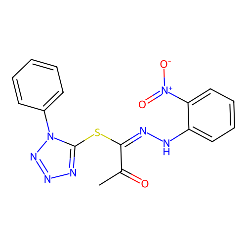 1-phenyl-1H-tetrazol-5-yl (1E)-N-(2-nitrophenyl)-2-oxopropanehydrazonothioate structure