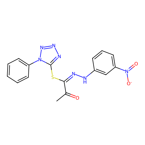 1-phenyl-1H-tetrazol-5-yl (1E)-N-(3-nitrophenyl)-2-oxopropanehydrazonothioate structure