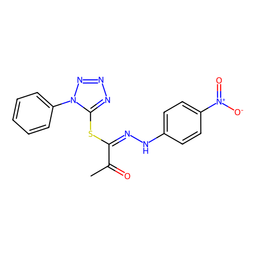 1-phenyl-1H-tetrazol-5-yl (1E)-N-(4-nitrophenyl)-2-oxopropanehydrazonothioate structure