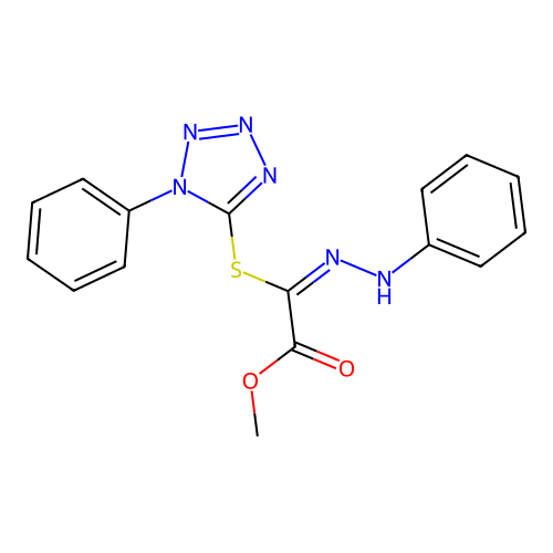 (E)-methyl 2-((1-phenyl-1H-tetrazol-5-yl)thio)-2-(2-phenylhydrazono)acetate structure