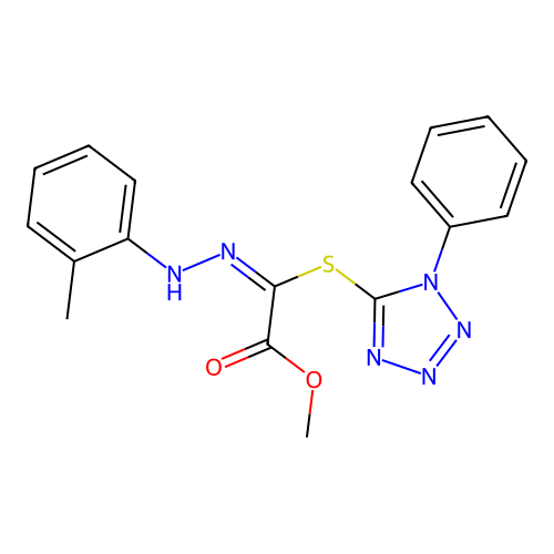 (E)-methyl 2-((1-phenyl-1H-tetrazol-5-yl)thio)-2-(2-(o-tolyl)hydrazono)acetate structure