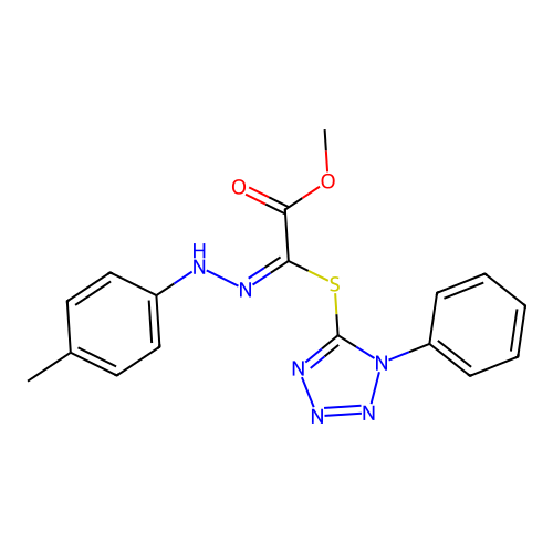 (E)-methyl 2-((1-phenyl-1H-tetrazol-5-yl)thio)-2-(2-(p-tolyl)hydrazono)acetate structure