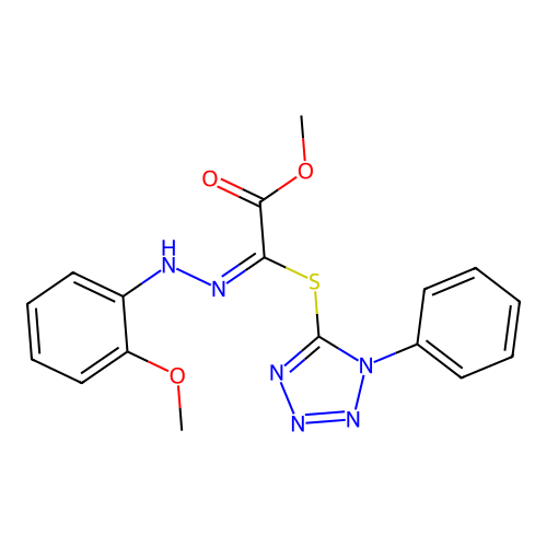(E)-methyl 2-(2-(2-methoxyphenyl)hydrazono)-2-((1-phenyl-1H-tetrazol-5-yl)thio)acetate structure