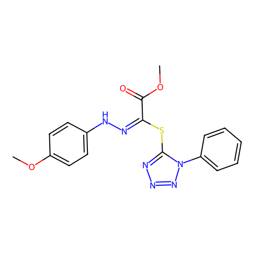 (E)-methyl 2-(2-(4-methoxyphenyl)hydrazono)-2-((1-phenyl-1H-tetrazol-5-yl)thio)acetate structure