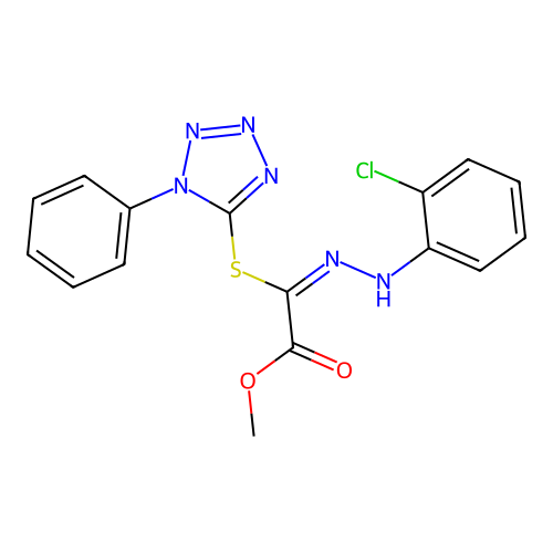 (E)-methyl 2-(2-(2-chlorophenyl)hydrazono)-2-((1-phenyl-1H-tetrazol-5-yl)thio)acetate structure