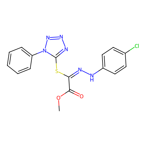 (E)-methyl 2-(2-(4-chlorophenyl)hydrazono)-2-((1-phenyl-1H-tetrazol-5-yl)thio)acetate structure