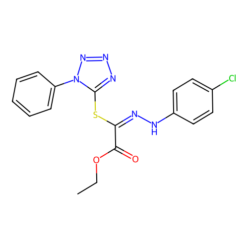 (E)-ethyl 2-(2-(4-chlorophenyl)hydrazono)-2-((1-phenyl-1H-tetrazol-5-yl)thio)acetate structure
