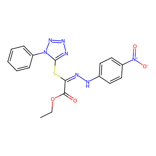 (E)-ethyl 2-(2-(4-nitrophenyl)hydrazono)-2-((1-phenyl-1H-tetrazol-5-yl)thio)acetate structure