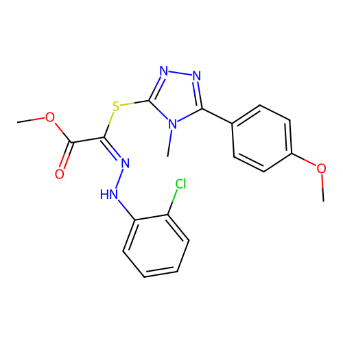 (E)-methyl 2-(2-(2-chlorophenyl)hydrazono)-2-((5-(4-methoxyphenyl)-4-methyl-4H-1,2,4-triazol-3-yl)thio)acetate structure