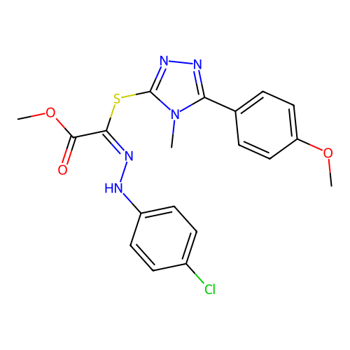 (E)-methyl 2-(2-(4-chlorophenyl)hydrazono)-2-((5-(4-methoxyphenyl)-4-methyl-4H-1,2,4-triazol-3-yl)thio)acetate structure