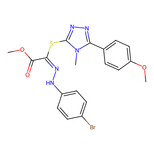 (E)-methyl 2-(2-(4-bromophenyl)hydrazono)-2-((5-(4-methoxyphenyl)-4-methyl-4H-1,2,4-triazol-3-yl)thio)acetate structure