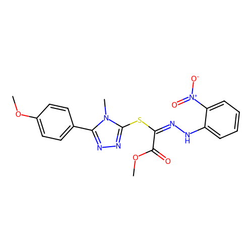 (E)-methyl 2-((5-(4-methoxyphenyl)-4-methyl-4H-1,2,4-triazol-3-yl)thio)-2-(2-(2-nitrophenyl)hydrazono)acetate structure