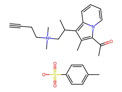 Ammonium, (3-butylidyne)dimethyl(2-(3-acetyl-2-methyl-1-indolizinyl)-2-methylethyl)-, p-toluenesulfonate structure