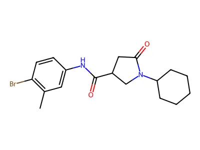 N-(4-bromo-3-methylphenyl)-1-cyclohexyl-5-oxopyrrolidine-3-carboxamide structure