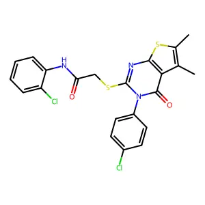 N-(2-chlorophenyl)-2-[3-(4-chlorophenyl)-5,6-dimethyl-4-oxothieno[2,3-d]pyrimidin-2-yl]sulfanylacetamide structure