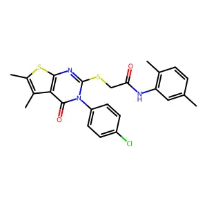 2-[3-(4-chlorophenyl)-5,6-dimethyl-4-oxothieno[2,3-d]pyrimidin-2-yl]sulfanyl-N-(2,5-dimethylphenyl)acetamide structure