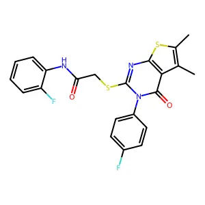 N-(2-fluorophenyl)-2-[3-(4-fluorophenyl)-5,6-dimethyl-4-oxothieno[2,3-d]pyrimidin-2-yl]sulfanylacetamide structure