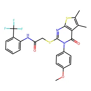 2-[3-(4-methoxyphenyl)-5,6-dimethyl-4-oxothieno[2,3-d]pyrimidin-2-yl]sulfanyl-N-[2-(trifluoromethyl)phenyl]acetamide structure