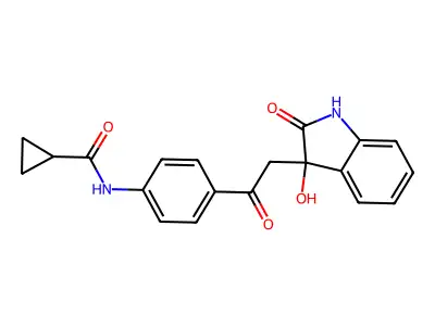 N-[4-[2-(3-hydroxy-2-oxo-1H-indol-3-yl)acetyl]phenyl]cyclopropanecarboxamide structure