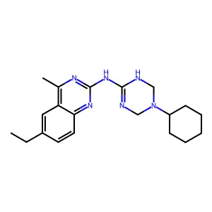 N-(5-cyclohexyl-1,4,5,6-tetrahydro-1,3,5-triazin-2-yl)-6-ethyl-4-methylquinazolin-2-amine structure
