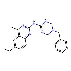 N-(5-benzyl-1,4,5,6-tetrahydro-1,3,5-triazin-2-yl)-6-ethyl-4-methylquinazolin-2-amine structure