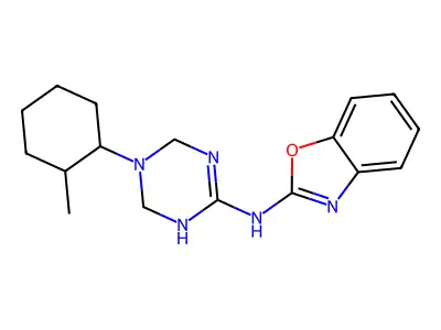 N-[5-(2-methylcyclohexyl)-1,4,5,6-tetrahydro-1,3,5-triazin-2-yl]-1,3-benzoxazol-2-amine structure