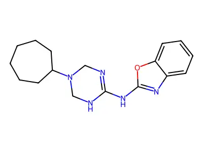 N-(5-cycloheptyl-1,4,5,6-tetrahydro-1,3,5-triazin-2-yl)-1,3-benzoxazol-2-amine structure