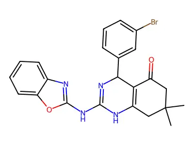 2-(1,3-benzoxazol-2-ylamino)-4-(3-bromophenyl)-7,7-dimethyl-4,6,7,8-tetrahydro-5(1H)-quinazolinone structure