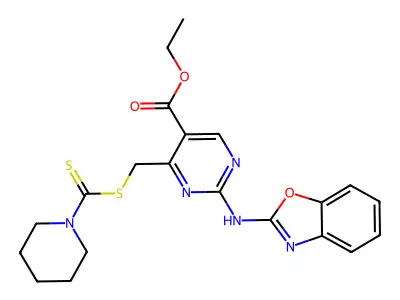 2-(Benzooxazol-2-ylamino)-4-(piperidine-1-carbothioylsulfanylmethyl)-pyrimidine-5-carboxylic acid ethyl ester structure