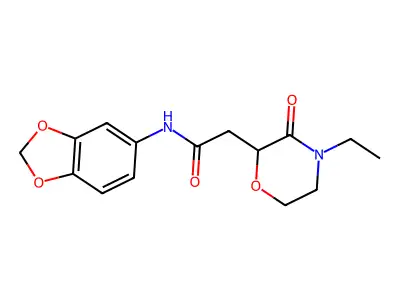 N-(1,3-benzodioxol-5-yl)-2-(4-ethyl-3-oxomorpholin-2-yl)acetamide structure