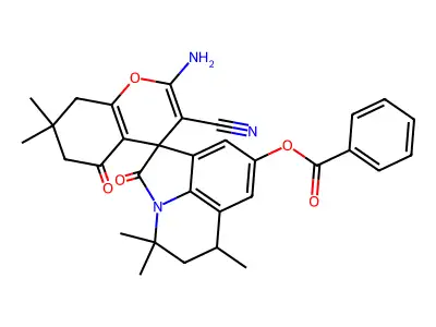 2-amino-3-cyano-4',4',6',7,7-pentamethyl-2',5-dioxo-5,5',6,6',7,8-hexahydro-4'H-spiro[chromene-4,1'-pyrrolo[3,2,1-ij]quinolin]-8'-yl benzoate structure